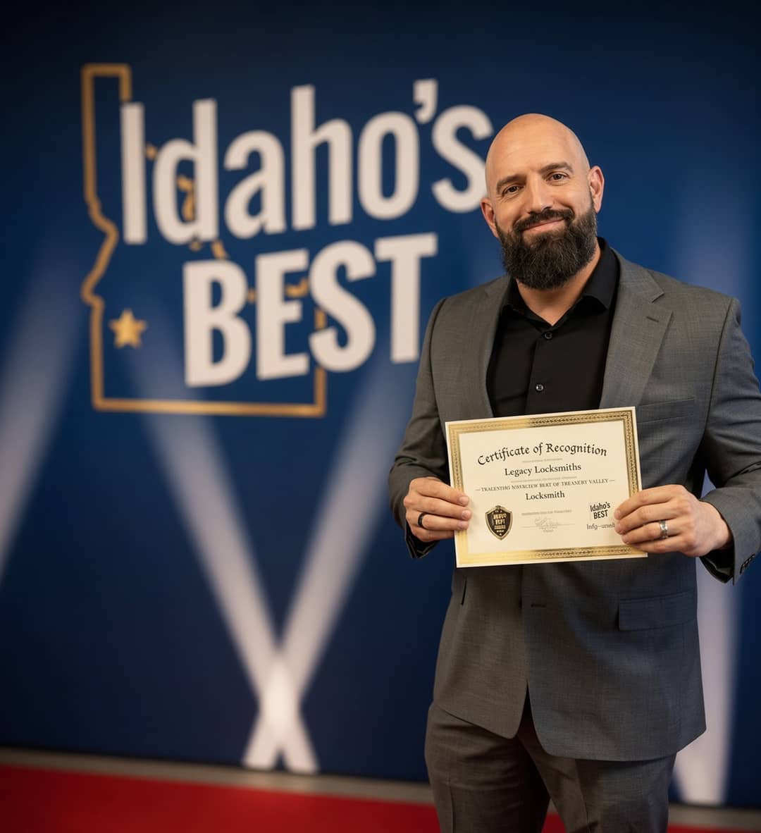 Adam holding an Idaho’s Best Certificate of Recognition for Legacy Locksmiths
