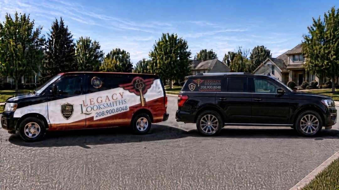 Legacy Locksmiths wrapped service van and black Expedition — winged-key logo, 208-900-8048, 24-hour emergency service