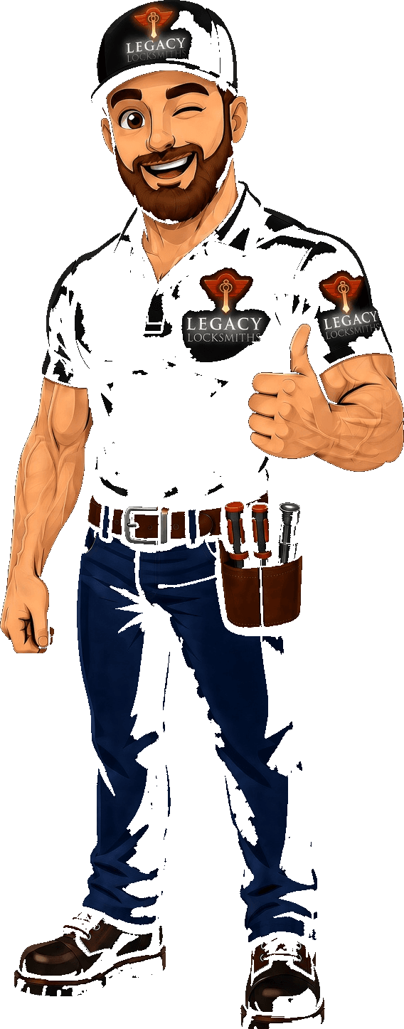 Legacy Locksmiths mascot in a branded cap and polo, winking and giving a thumbs up